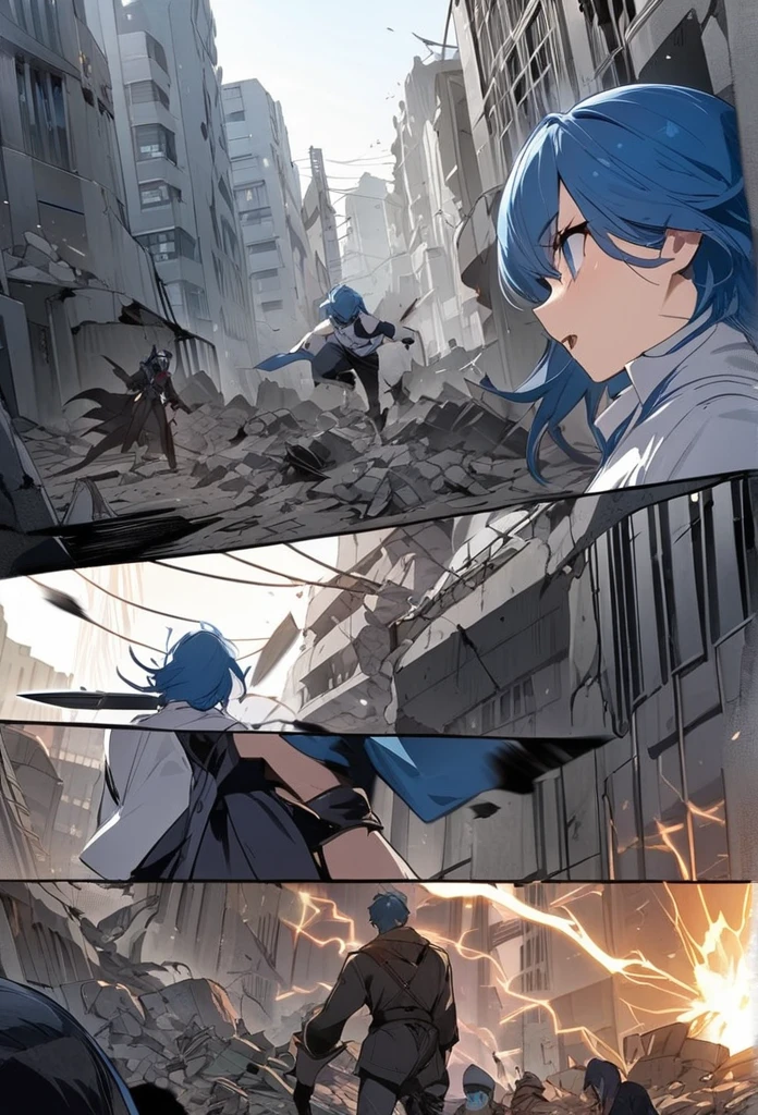 ((highest quality)), ((masterpiece)), ((detailed)), A man with blue hair and blue eyes throwing knives and lightning at dark creatures of shadows and demons comic ebook storyboard three panels HQ In a city in rubble and destroyed