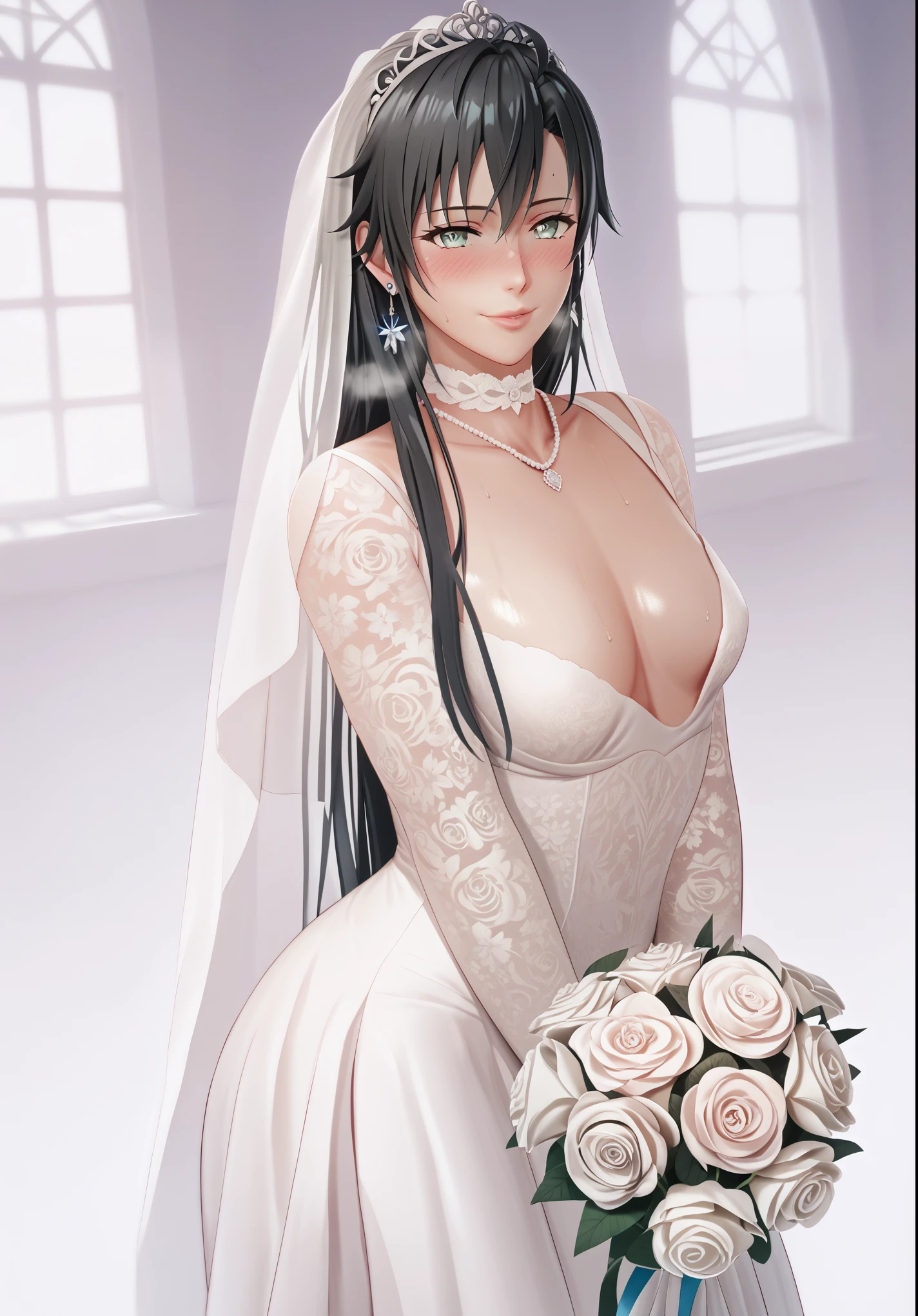 score_9, score_8_up, score_7_up, score_6_up, score_5_up, score_4_up, uncensored, yukinoshita yukino, absurdly long hair, grey eyes, black hair, very long hair, horny face, blush face, lips, naughty face, shiny skin, sweating, steaming body, heavy breathing, (small breasts:1.3), detailed body, detailed eyes, BREAK (masterpiece:1.2), best quality, high resolution, unity 8k wallpaper, (illustration:0.8), (detailed eyes:1.6), extremely detailed face, perfect lighting, extremely detailed CG, (perfect hands, perfect anatomy), bouquet, 1girl, dress, flower, wedding_dress, solo, veil, cleavage, jewelry, gloves, bridal_veil, elbow_gloves, holding_bouquet, white_flower, smile, necklace, bride, rose, white_rose, earrings, looking_at_viewer, holding, white_gloves, choker