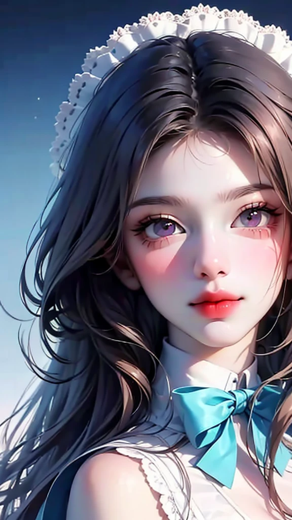 there is a picture of a girl with a blue bow on her head, artwork in the style of guweiz, guweiz, kawaii realistic portrait, guweiz masterpiece, soft anime illustration, beautiful anime portrait, soft portrait, detailed portrait of anime girl, stunning anime face portrait, anime barbie in white, portrait anime girl, wlop : : 5