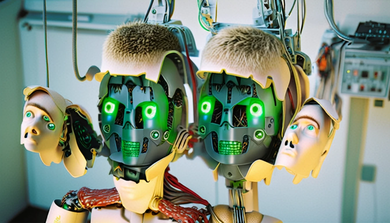 1 mechanical boy, (male), mullet haircut, blonde hair, green eyes, blonde, (24 age), mechanical green cables arms outstretched, ((ultra realistic details)), global illumination, shadows, ultra sharp, metal, intricate, ornaments detailed, highly intricate details, realistic light, glowing eyes, neon details, mechanical limbs, blood vessels connected to tubes, mechanical cervical attaching to neck, wires and cables connecting to head