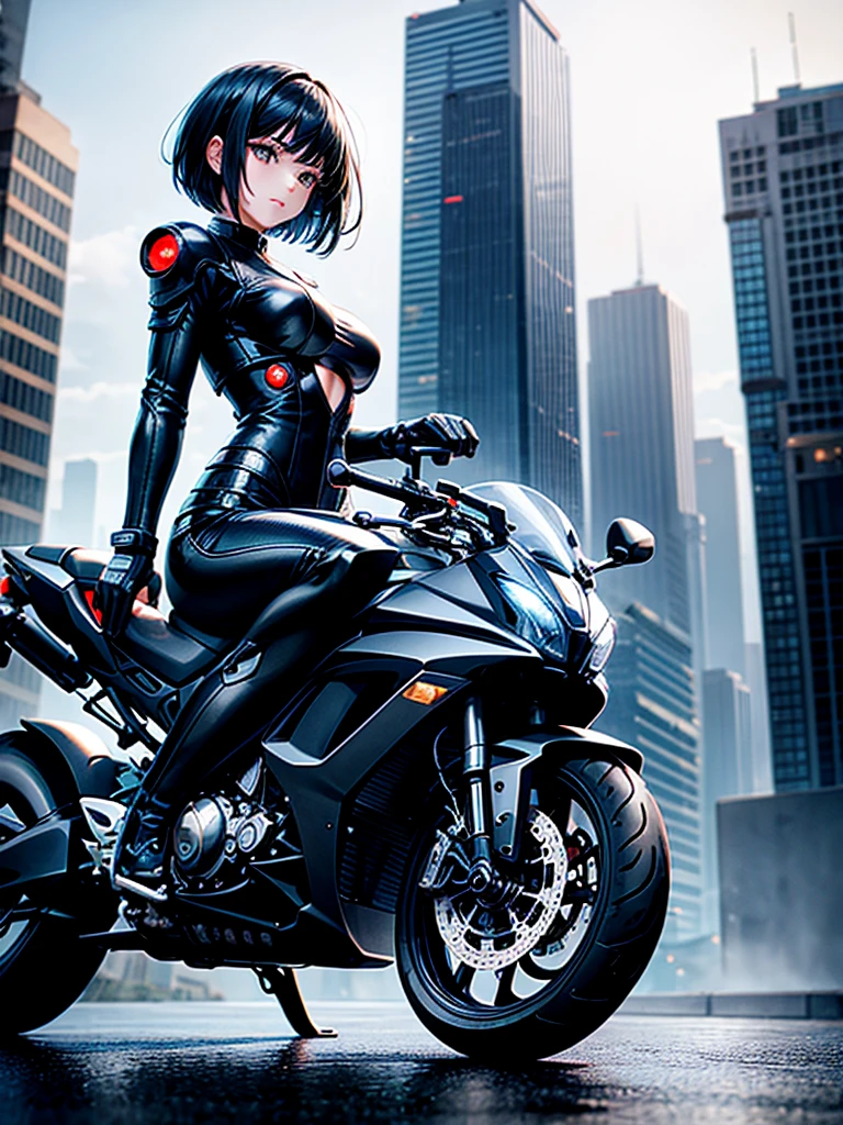 Highest quality,Highest Resolution,beautiful girl,Android,metallic,Mechanic,cyborg,Future city at night,Short black hair,whole body,Ride on a motorcycle-type machine,Move,