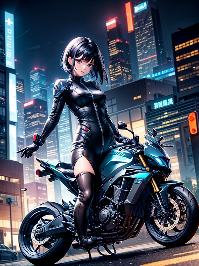 Highest quality,Highest Resolution,beautiful girl,Android,metallic,Mechanic,cyborg,Future city at night,Short black hair,whole body,Ride on a motorcycle-type machine,Move,
