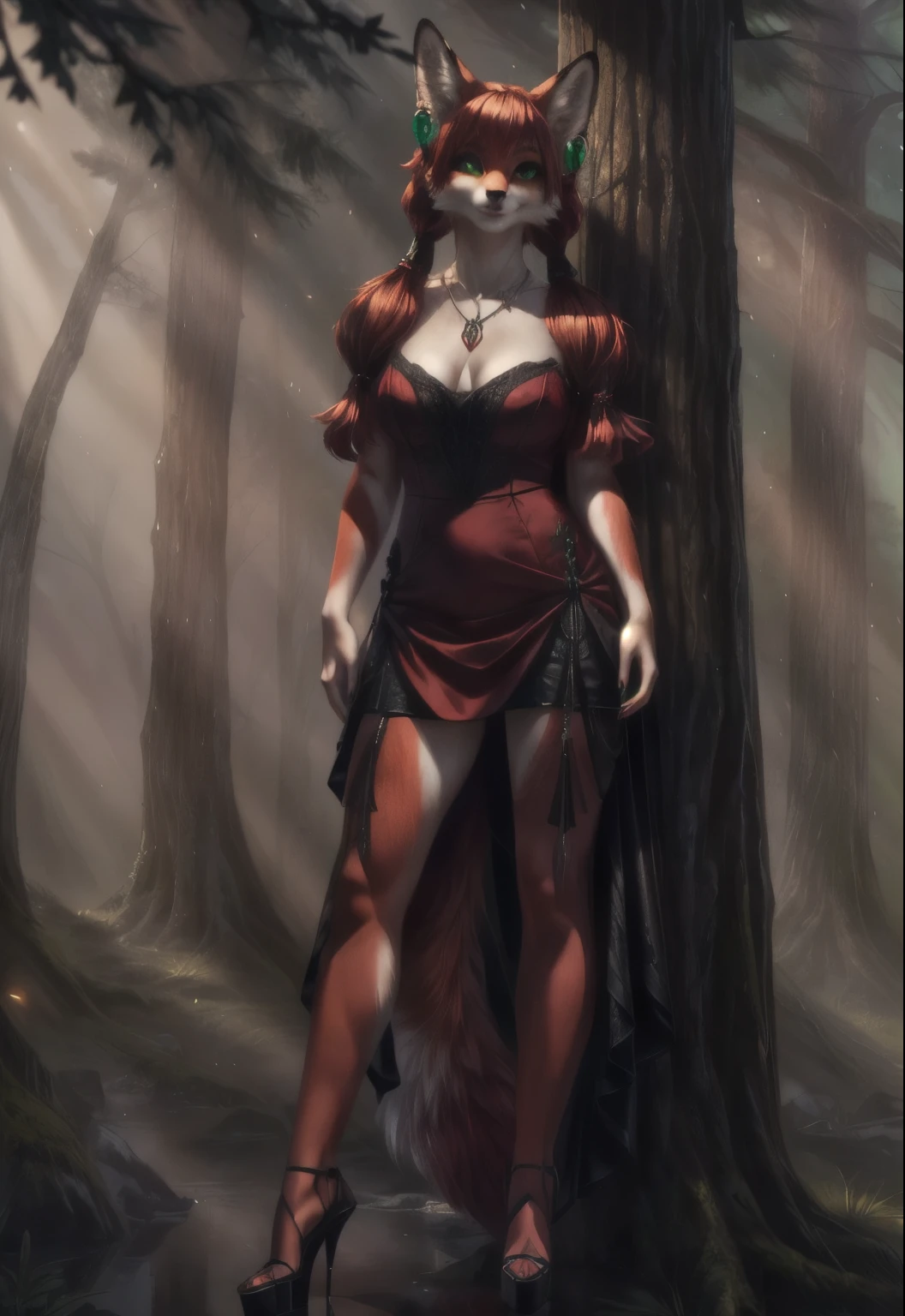 UHD 8k, HDR+, cute anthro female fox with a necklace, large piercing green eyes, huge earrings, giant earrings, with redheads pigtails, Full red lips, fluffy fox red tail, High heels, Red gothic dress, Against the background of the forest, detailed background, realistic, portrait shot 8 k