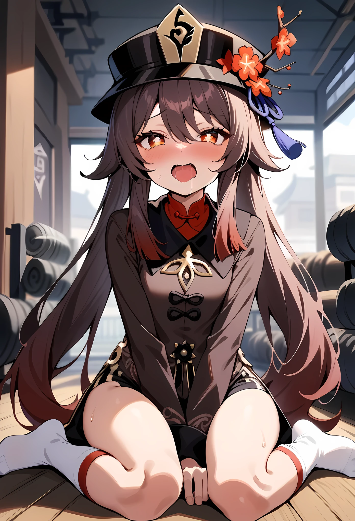 masterpiece, best quality, very aesthetic, absurdres, newest,1girl, wariza, masturbate, one_hand_between_legs ,open_mouth, saliva, tear in eyes,,embarrassed, ,hu_tao(genshin impact),hu tao, long brown hair, red eyes, twin tails, small breasts, hat, Chinese clothing, white socks,,in gym