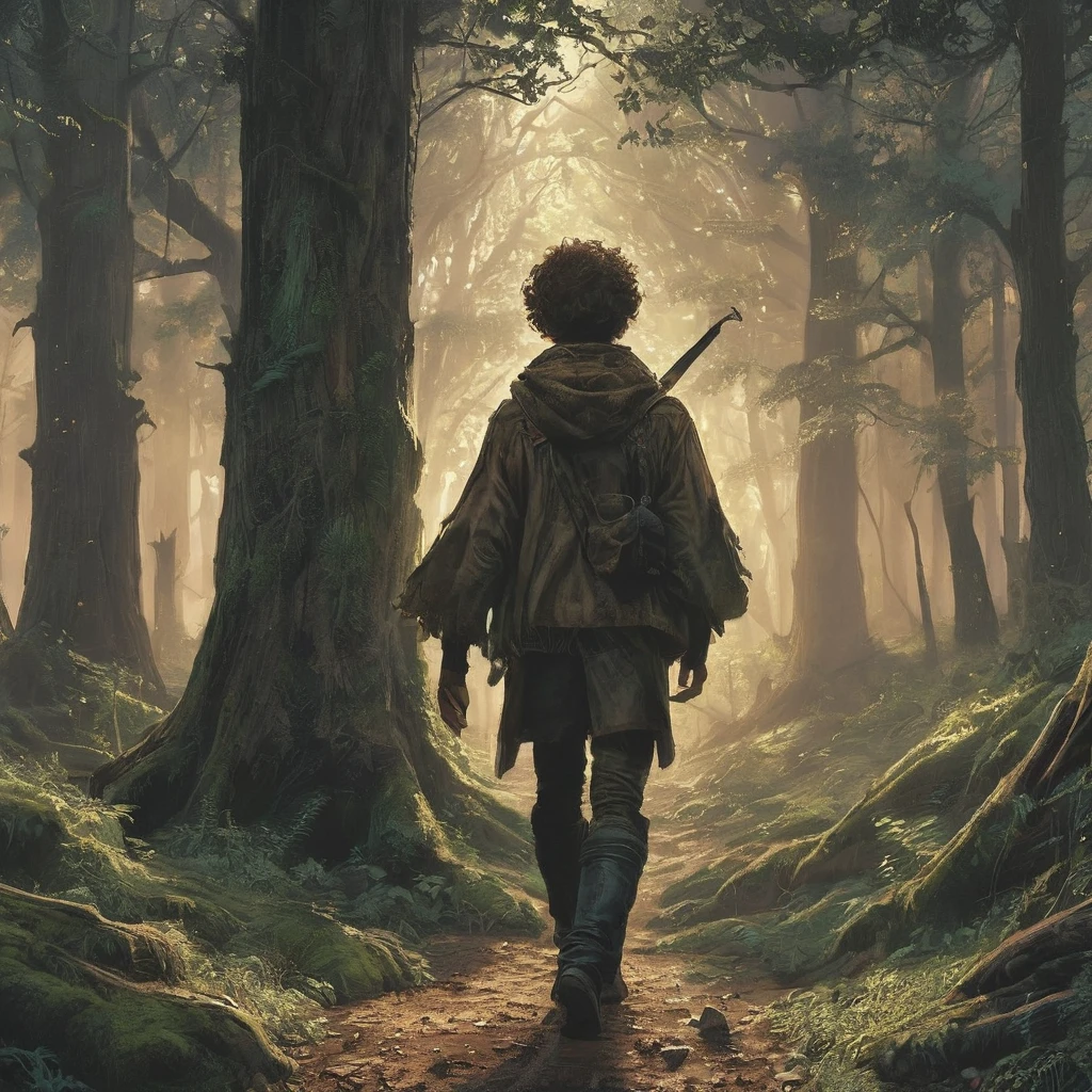 Under the canopy, a young male ager with short curly brown hair stands at the edge of a foreboding forest. His simple brown farmer's outfit, worn and patched, contrasts sharply with the shadowy, mystical ambiance of the woods.
From the back, he appears to be contemplating the path before him, the dim light of the setting sun casting long shadows around him. The forest ahead is thick with gnarled roots and whispering leaves, alive with the unseen presence of mythical creatures and hidden dangers.
In his hand, he clutches a worn leather satchel, a symbol of his humble beginnings and the simple life he left behind. As he steps forward, the forest seems to close in, the air growing colder and filled with the faint sounds of distant howls and rustling underbrush.
What secrets lie ahead on the path he has chosen? What trials will he face in the heart of the dark, enchanted forest? This is the beginning of his journey, one that will test his courage, resolve, and the very essence of his character.
