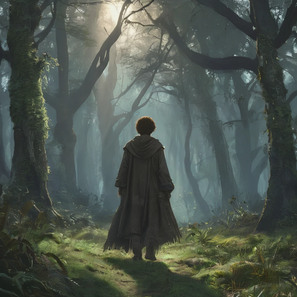 Under the canopy, a young male ager with short curly brown hair stands at the edge of a foreboding forest. His simple brown farmer's outfit, worn and patched, contrasts sharply with the shadowy, mystical ambiance of the woods.
From the back, he appears to be contemplating the path before him, the dim light of the setting sun casting long shadows around him. The forest ahead is thick with gnarled roots and whispering leaves, alive with the unseen presence of mythical creatures and hidden dangers.
In his hand, he clutches a worn leather satchel, a symbol of his humble beginnings and the simple life he left behind. As he steps forward, the forest seems to close in, the air growing colder and filled with the faint sounds of distant howls and rustling underbrush.
What secrets lie ahead on the path he has chosen? What trials will he face in the heart of the dark, enchanted forest? This is the beginning of his journey, one that will test his courage, resolve, and the very essence of his character.