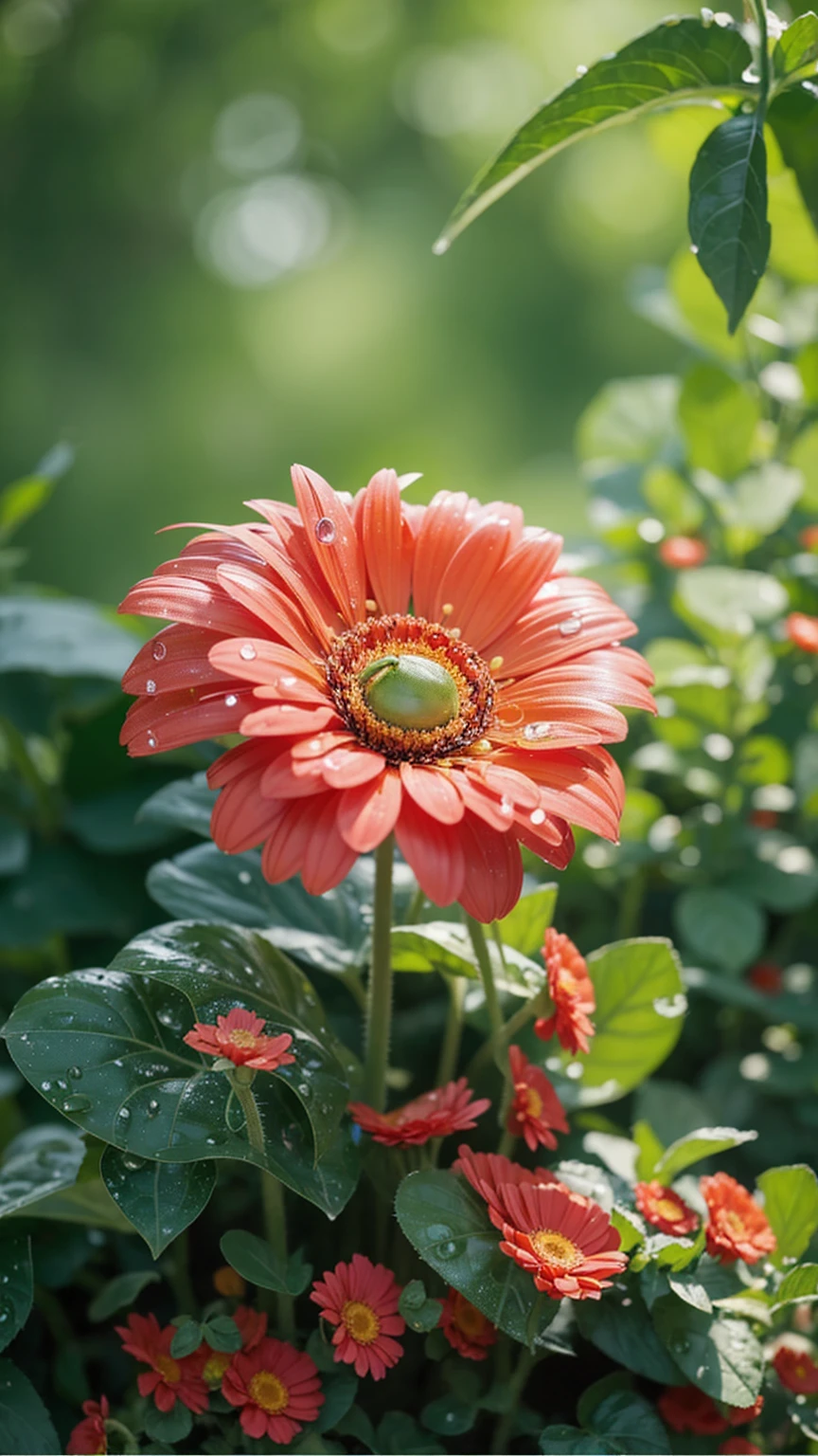In the center is a huge pink gerbera，Water drops on the petals，Stands out against the green background。
The frog is wearing a red scarf，Holding a small red flower in hand，There&#39;s a drink next to it，Looks very bulky。
The surrounding environment is full of natural elements：

There are green leaves hanging down from the top. There is a large leaf with water drops on the left. There are some small orange tomatoes extending at the bottom. The overall background is blurry green.，Create a dreamy atmosphere