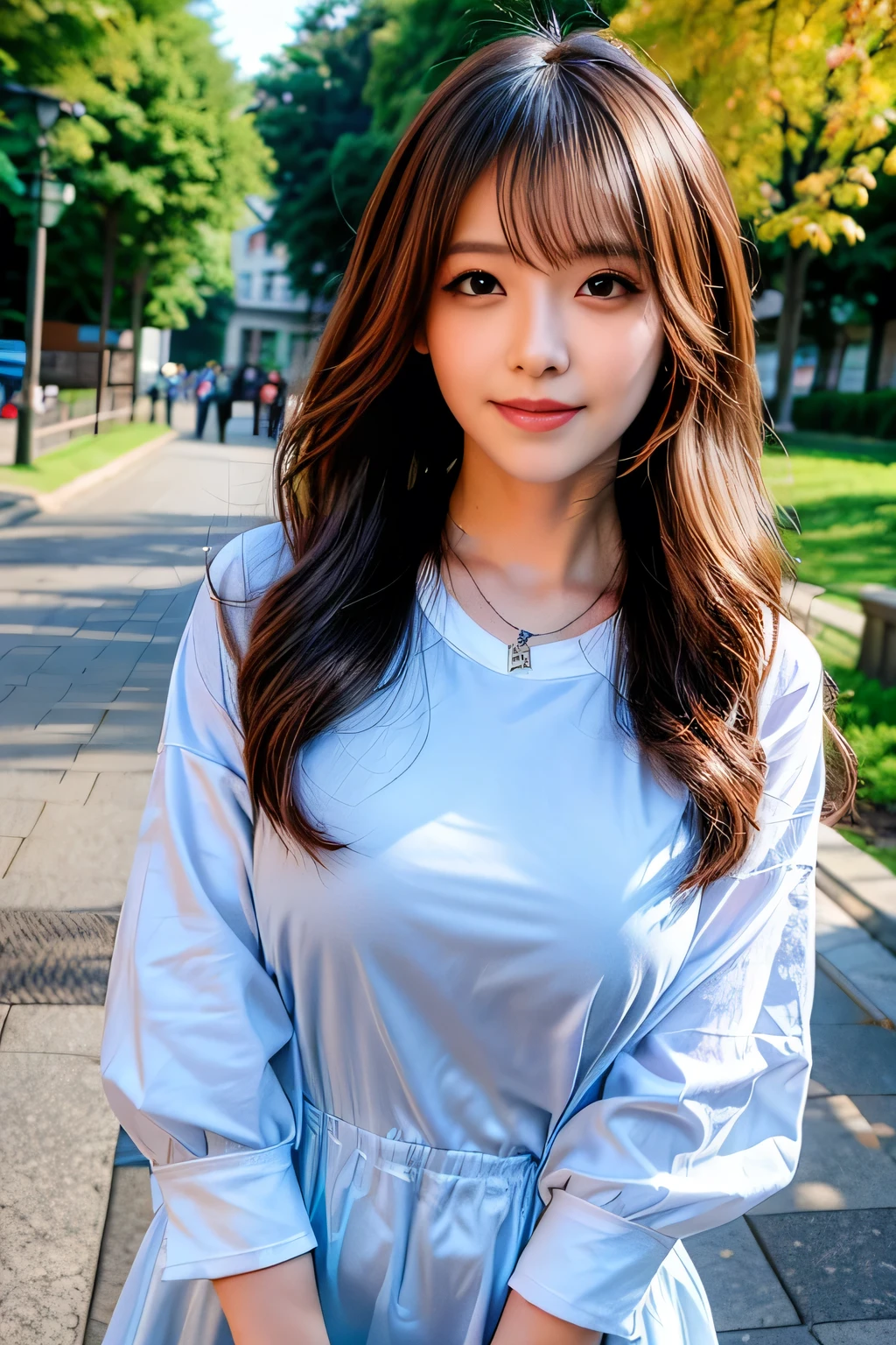 seed;88117315,((Full Body Angle))、((Front hair:1.3))、((Highest quality, 8K, masterpiece: 1.3)), concentrated: 1.2, Cute girl 1,Nipples erect、 Perfect beauty: 1.4,Cut and sewn T-shirt Raglan sleeve summer short sleeve T-shirt.Shorts: 1.2,Long sleeve、Randall Color、comics&Text Graphics、Black ruffle-trimmed drawstring zip blouse,1.1, Highly detailed face and skin textures, Fine grain, double eyelid, whitening skin, ,Highest quality,Ultra-high resolution,you,1 girl,alone,_Shiny_skin,Iris,necklace,((brown_length_Wavy_hair)),(lips)),eyelash,Front hair,deal with,compensate,Shiny,pore,skin,Large Breasts、((smiling face))、Riverside Walk、walk、