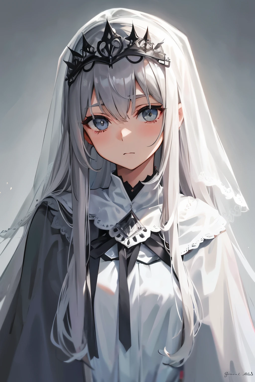 Veil on head, Grey Veil, Gray Hair, Grey White, Gubes's art style, Arrogant and indifferent girl, Half-squinted, White eyes玉, White eyes, National style, Off-white