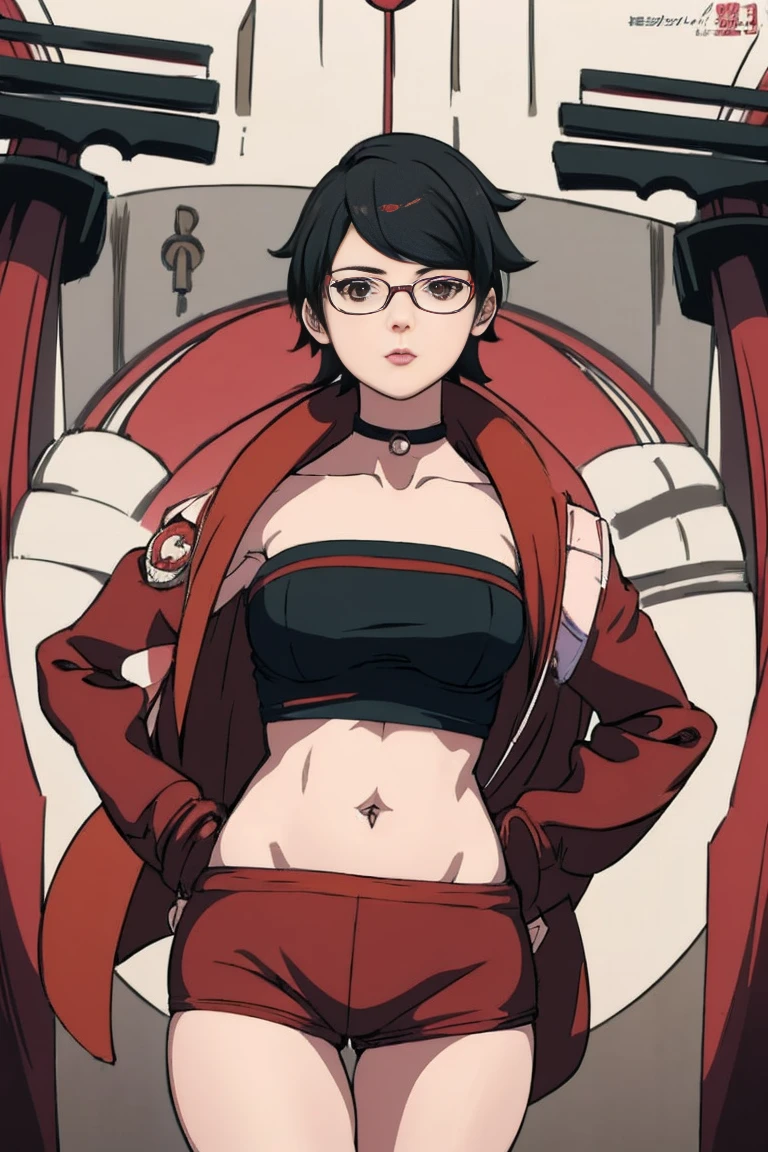 anime girl in a short dress and glasses with a red cape,| artgerm, female protagonist 👀 :8, realistic anime 3 d style, anime styled 3d, realistic anime artstyle((naked long belly)) background forest(((showing belly)),((height 200 cm ))) age 19