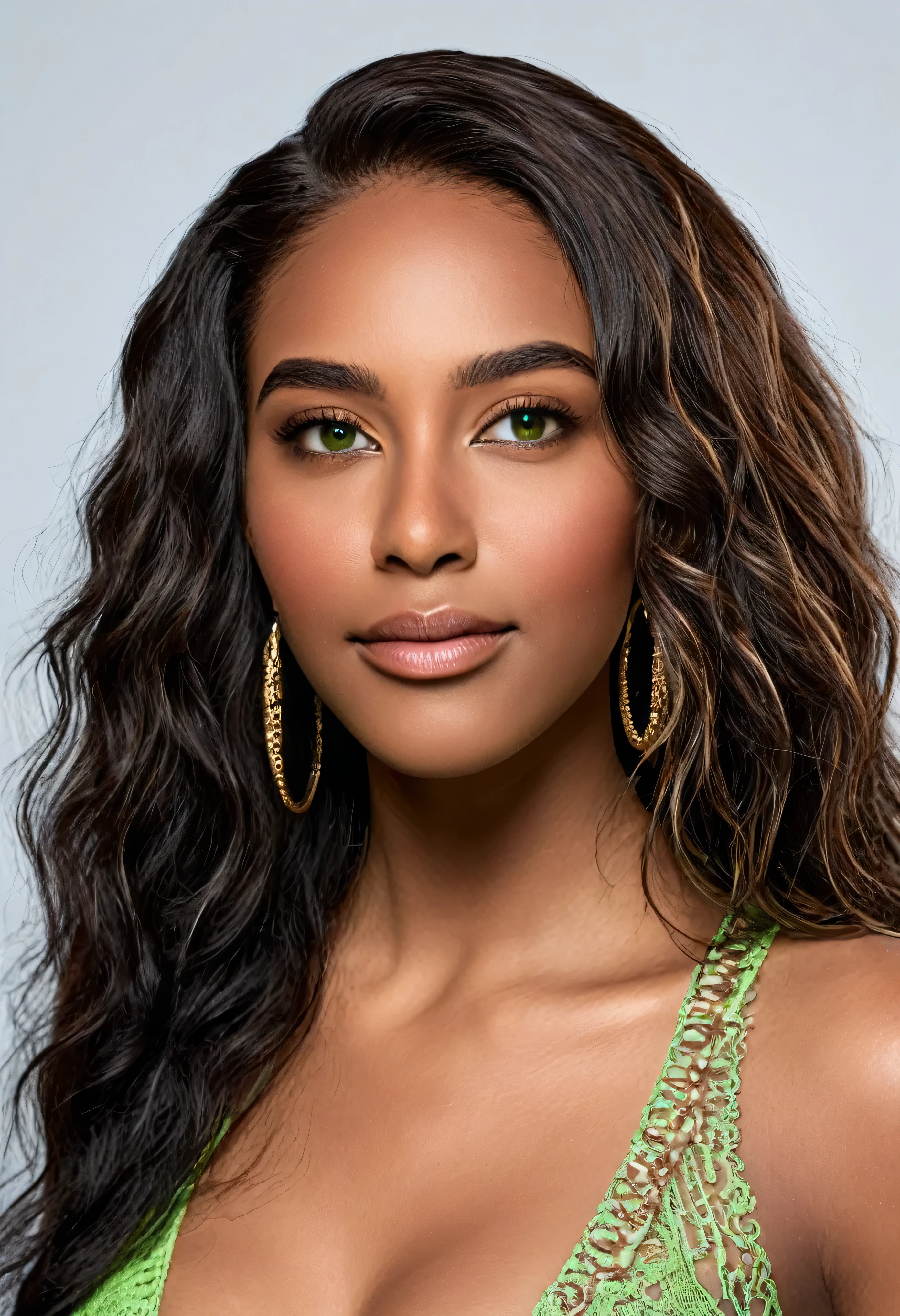 A beautiful woman, beautiful Latin face, young Brazilian Nyvi Estephan, Brazilian supermodel, serene and elegant beauty, Angolan descent, young adult 30 years old, nerdy woman, tall woman, a stunning black woman, with indigenous features, beautiful indigenous girl, native Brazilian, ((An indigenous African girl with European ebony)), ((her beauty is undeniable)), beautiful young ebony girl with dark skin, tanned Mexican, long black hair with brown highlights, black curly hair with brown highlights, black voluminous hair With brown highlights, a vibrant and dynamic cut with soft waves can add a modern and stylish touch. has an exotic beauty with beautiful green eyes, green realistic eyes, bright green eyes, ultra detailed green eyes, ultra realistic green eyes, natural green eyes, ultra detailed iris, perfect eyes, perfect iris, hyper realistic eyes, eyeliner, long eyelashes and defined, penetrating gaze that conveys confidence, striking, powerful expression, strong presence, striking makeup, full, voluminous lips, seductive lips, captivating, striking, unforgettable, dazzling, mischievous smile, wide smile, your features are captivating, subtle smile on your lips , beautiful and detailed face, detailed skin texture, Notice her perfectly shaped eyebrows, which arch gracefully above her eyes, small nose that is proportionate to her face, and soft contour of her face that accentuates her high cheekbones. Beautiful and glowing skin, intricate details, smooth skin, healthy and radiant appearance, Attractive slim woman, Average bust, Average and beautiful breasts, athletic physique, flat stomach, slim waist, huge hips, wide hips, big ass, thick thighs, legs shapely concept art .3D 4k, high resolution, full sharpness photo realistic, breathtaking, Lentille nette, Photographie professionnelle, Objectif 70mm, Unreal Engine 5, wallpaper, colorful, art, (Hdr: 1.5), hyper-detailed, (ArtStation: 1.5) rich color, hyper-realistic, realistic texture, (dramatic lighting), Cinestill