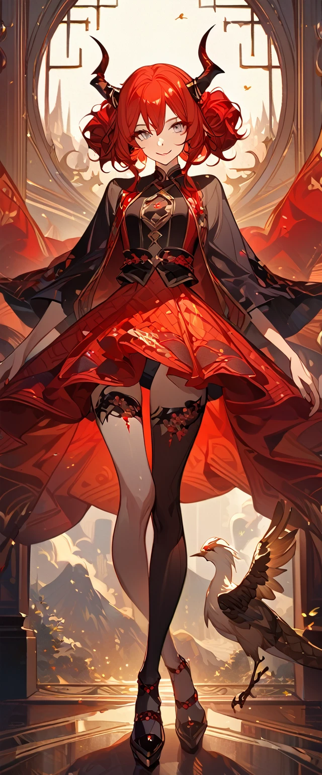 masterpiece, best quality, 8k ,4k , 1girl, teenage girl, dragon girl, red hair, gray eyes, big , slender waist, small waist, small thigh, horn, hair ornament, finely detailed eyes and detailed face, looking at viewer, Black sleeveless top, gradually transparent embroidery skirt, skirt to the knee, majestic looks, smiling gently, Lace dress, patterned clothes, red scale scattered pattern clothes, meticulous clothes, revealing clothes, mature clothes, majestic looks, smiling gently, small bird, full body, artist : ask, art style : ask