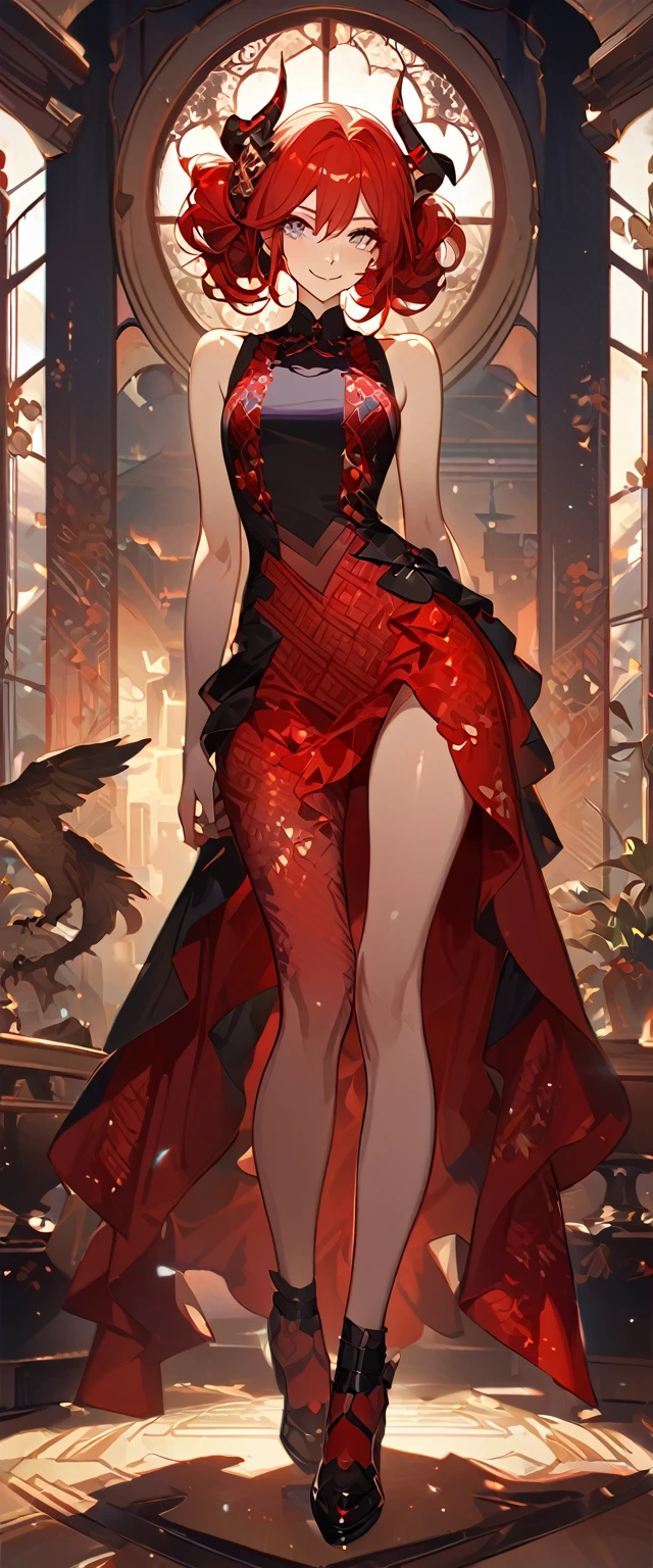 masterpiece, best quality, 8k ,4k , 1girl, teenage girl, dragon girl, red hair, gray eyes, big , slender waist, small waist, small thigh, horn, hair ornament, finely detailed eyes and detailed face, looking at viewer, Black sleeveless top, gradually transparent embroidery skirt, skirt to the knee, majestic looks, smiling gently, Lace dress, patterned clothes, red scale scattered pattern clothes, meticulous clothes, revealing clothes, mature clothes, majestic looks, smiling gently, small bird, full body, artist : ask, art style : ask