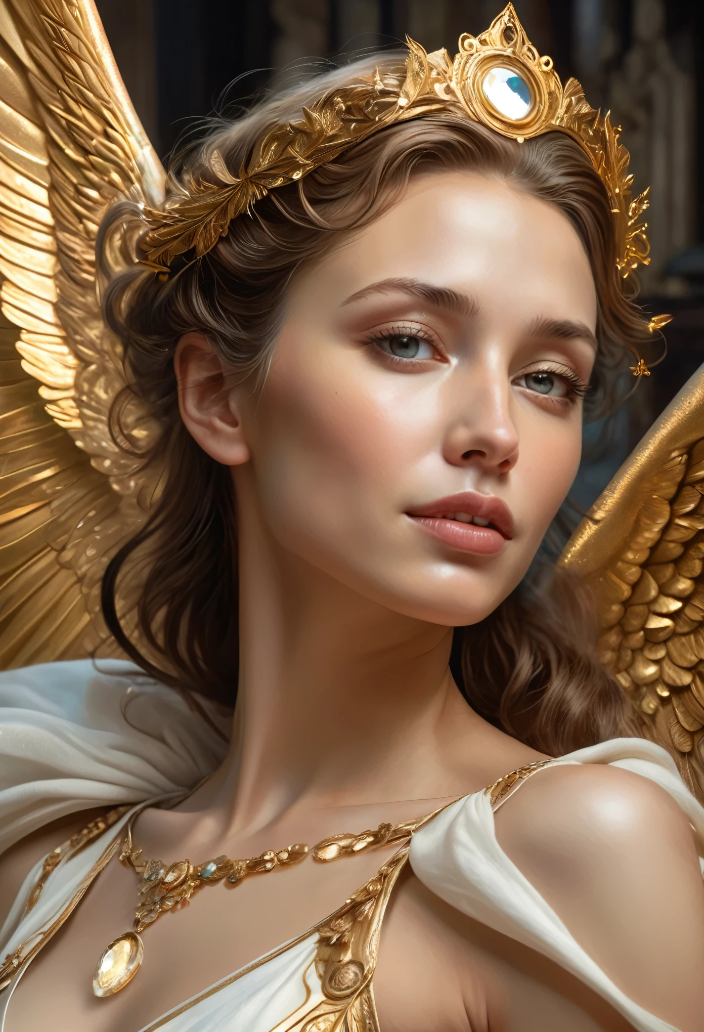 (best quality,4k,8k,highres,masterpiece:1.2), ultra-detailed, (realistic,photorealistic,photo-realistic:1.37),Close-up portrait of the most beautiful angel in the universe, D & D, face, Fantasy, complicated, elegant, Very detailed, Digital Painting, Art Station, Concept Art, Smooth, Sharp focus, figure, ArtJam, Greg Rutkowski, Art by Alphonse Mucha, sexy, golden eyes, (winking at viewers:1.5), Surrounded by a mysterious aura