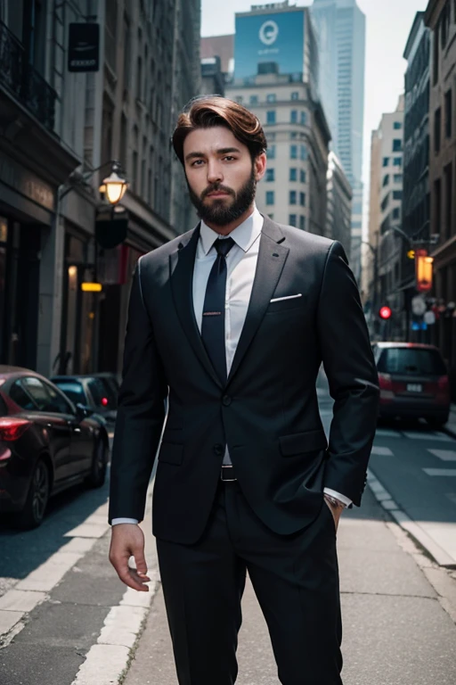 、Boy with brown hair、beard、wearing a suit and a tie、A photo with the body and head in a straight line, Turn the photo to face the viewer, The eye is fixed on the lens, In the photo you can see the shoulders and head, Man in the center of the photo, 8K, Highest quality, Tabletop, Realistic, Realistic photo, Cinematic photography, ultra Realistic,  Perfect lighting, dsrl, Professional photos, 4K muscular