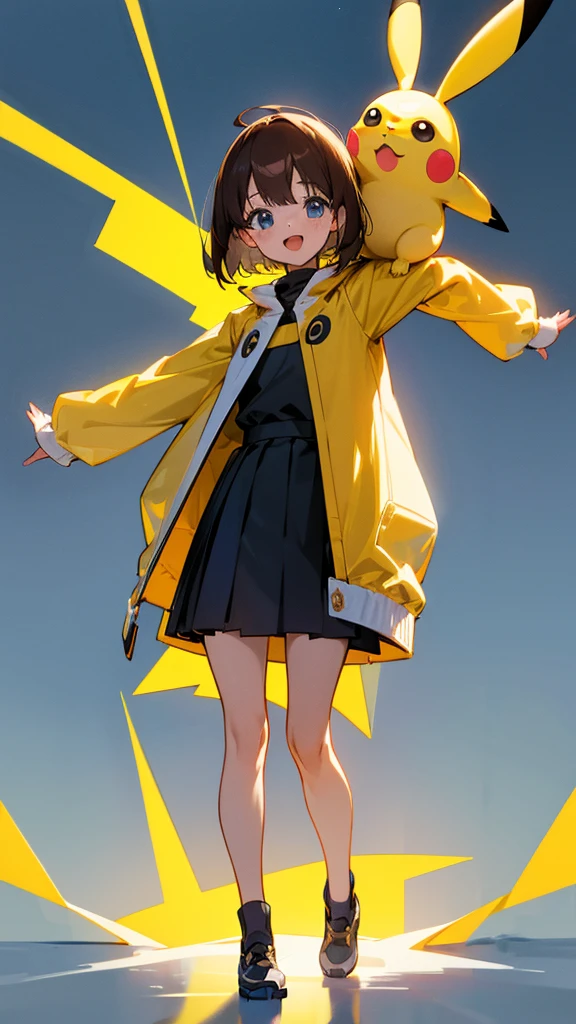 Thick Coating, young, かわいいgirl, Brown Hair, short hair,Pikachu's ears, Yellow clothes, poncho,  Black skirt underneath, blue eyes,look forward to,virtual,girl,whole body,upright,Place your arms at your sides,View from the front,Simple Background,girl,Open your mouth,blue eyes,smile,virtualユーチューバー,Standing upright,Very young,A little short