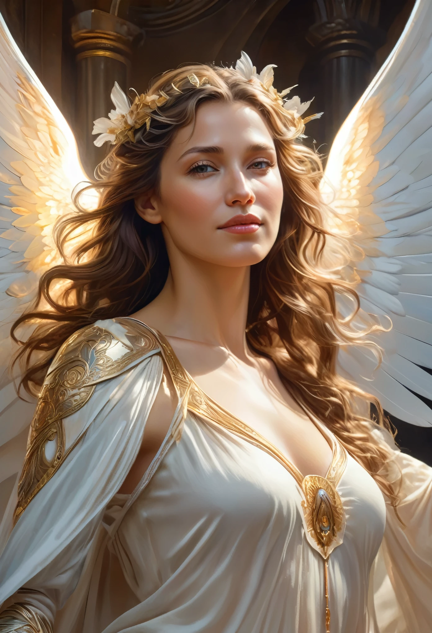 (best quality,4k,8k,highres,masterpiece:1.2), ultra-detailed, (realistic,photorealistic,photo-realistic:1.37),Close-up portrait of the most beautiful angel in the universe, D & D, face, Fantasy, complicated, elegant, Very detailed, Digital Painting, Art Station, Concept Art, Smooth, Sharp focus, figure, ArtJam, Greg Rutkowski, Art by Alphonse Mucha, sexy, golden eyes, (winking at viewers:1.5), Surrounded by a mysterious aura