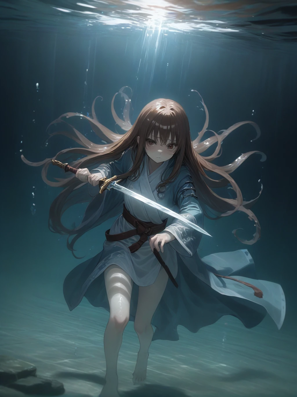 ８age、girl、Partially underwater,最high quality,high quality, 幼いgirl, Long Hair, Brown Hair, Wet Hair, Flat Chest,Dark underground labyrinth,No light,Cloth armor,Equipped with a dagger and a shield,Face above water,Body in water, Underwater Photography,The robe rolls up due to buoyancy,Painful face、My leg is pulled by tentacles、Being dragged into the water、Go wild