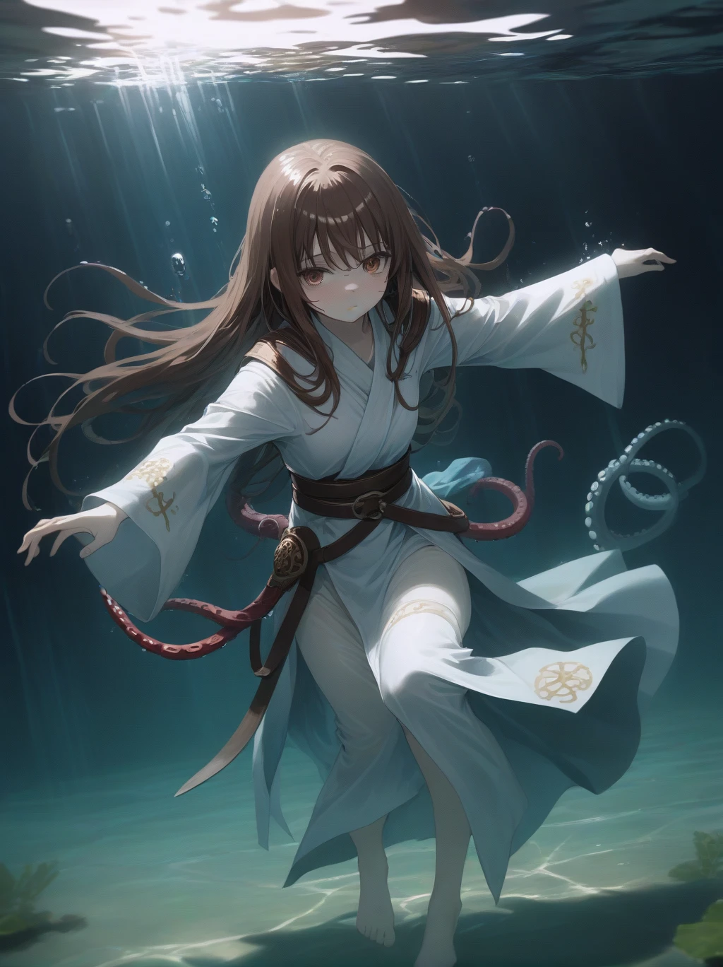 ８age、girl、Partially underwater,最high quality,high quality, 幼いgirl, Long Hair, Brown Hair, Wet Hair, Flat Chest,Dark underground labyrinth,No light,Cloth armor,Equipped with a dagger and a shield,Face above water,Body in water, Underwater Photography,The robe rolls up due to buoyancy,Painful face、My leg is pulled by tentacles、Being dragged into the water、Go wild