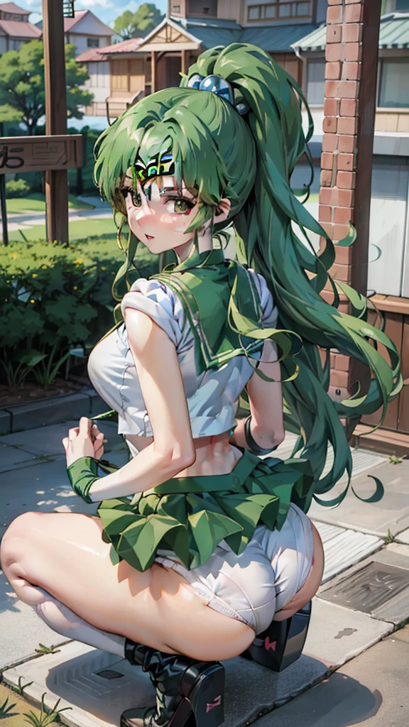 Anime Girlsセーラー戦士。White panties、Beautiful Faces、Beautiful thighs、 with green hair and green stockings posing on a bed, seductive Anime Girls, beautiful Anime Girls squatting, the Anime Girls is crouching, I also make fan art, Beautiful and attractive anime , Anime Girlss, Naughty anime style, Highly detailed art gems, Anime Girls, Anime Goddess, Anime Moe Art Style, anime waifu, Lit from behind, Highest quality, One Girl, (Sailor Neptune),Green Hair, (Green Eyes:1.2),((sporty))、((Bike Pants))、Hair length、((Embarrassed expression))、((Bedroom))、((Backward view))、((Butt))、((Thigh-high socks))