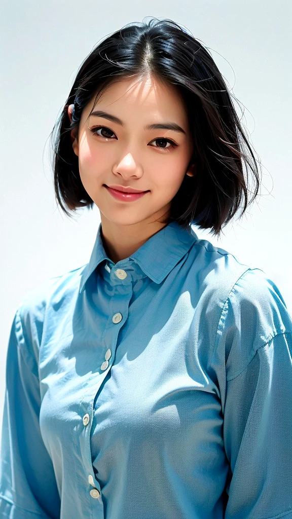 (1 woman:1.99)、(Wide forehead、Very short hair、Very small amount of hair、Forehead、Fuji frame:1.1)、Sunburn、17 years old、Naughty、Happy expression、満面のsmile、Weakness、Relaxing alone、(Light blue shirt),((Very sleepy、Improves skin texture,smile、Narrow eyes、Very weak eyesight、Very weak eyeliner、Half-closed eyes、I know the shape of your head、Oval Face))、(slicked back hair:1.25)、Photographic, Raw photo, Mastepiece, Highly detailed photos, Digital SLR, Photo-realistic 1.4, Super hello nothing, Best Quality,(standing、tilting your head、whole body:1.5)