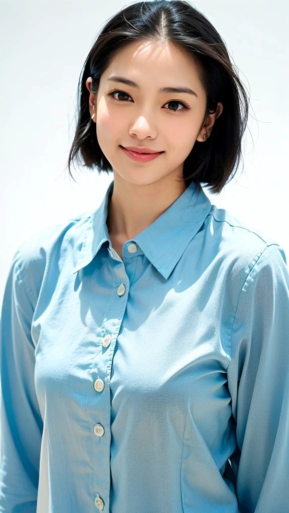 (1 woman:1.99)、(Wide forehead、Very short hair、Very small amount of hair、Forehead、Fuji frame:1.1)、Sunburn、17 years old、Naughty、Happy expression、満面のsmile、Weakness、Relaxing alone、(Light blue shirt),((Very sleepy、Improves skin texture,smile、Narrow eyes、Very weak eyesight、Very weak eyeliner、Half-closed eyes、I know the shape of your head、Oval Face))、(slicked back hair:1.25)、Photographic, Raw photo, Mastepiece, Highly detailed photos, Digital SLR, Photo-realistic 1.4, Super hello nothing, Best Quality,(standing、tilting your head、whole body:1.5)