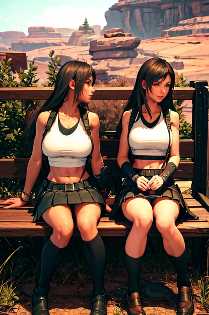 {{{Browsing Caution:1.5}}},{{{masterpiece}}}, {{{Highest quality}}}, {{Super detailed}}, {{Very delicate and beautiful}} , Tifa, 20-year-old, Huge breasts 豊満な胸, Huge breasts, breast focus, {{{Sitting with Knees Up on bench at park, spread legs:1.4}}},{{{skirt lift:1.5, show off race red high leg panties:1.4, cameltoe:1.25}}}, (Thin fabric tank top:1.2), (Ultra Micro Mini Skirt:1.2)