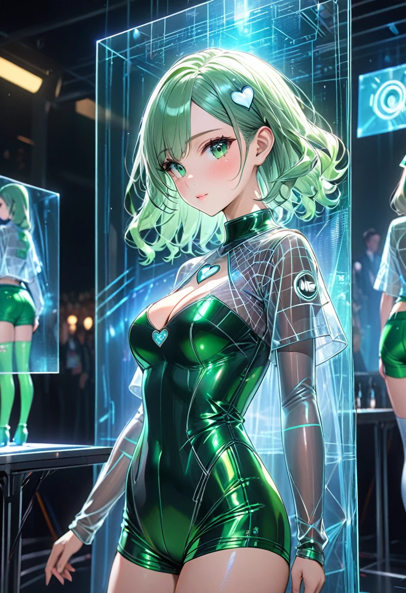 One race queen girl is posing sexy in front of the camera, the girl has short white wavy hair,The girls are cute, glamorous, and have an active atmosphere.She wears hair with a hologram effect on her hair.A champagne green short-sleeved, cool-neck bodysuit with a hologram effect, Many sponsor logos,a heart-shaped hole on the chest, and white trim on the heart-shaped hole.Her breasts are full and you can see her cleavage through the hole.She is wearing champagne green shorts with a hologram effect.Heart mark on the butt Hole, heart mark with white border,Her butt is cute and you can see it through the hole.She wears emerald green enamel-like long boots,She poses sexyly, showing her back to the camera and combing her hair, looking at the camera.The background of the stands with a large number of spectators at the circuit,The cute depiction of the girl, the texture of her skin, the beautiful depiction of her hair and the beauty of her waves, the luster and luster of her suit, and the hologram effect are strongly expressed.back view, (High quality, high definition, 4k, 8k, masterpiece: 1.2)ultra-definition、noc-wfhlgr、3dCG concept art.Ultra-fine painting, cinematic lighting, professional, high-performance camera resolution,