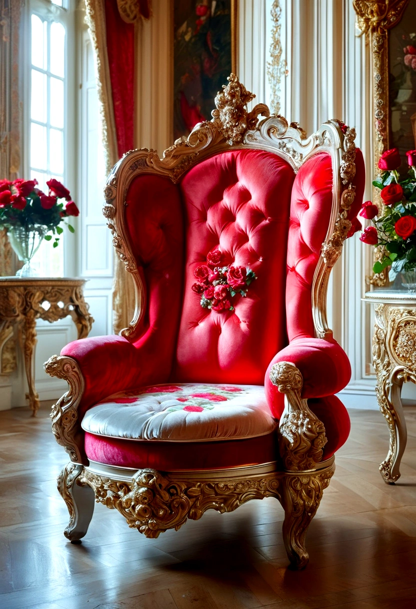 a majestic renaissance palace, a luxurious queen's throne chair, grand and spacious, french rococo style, red roses