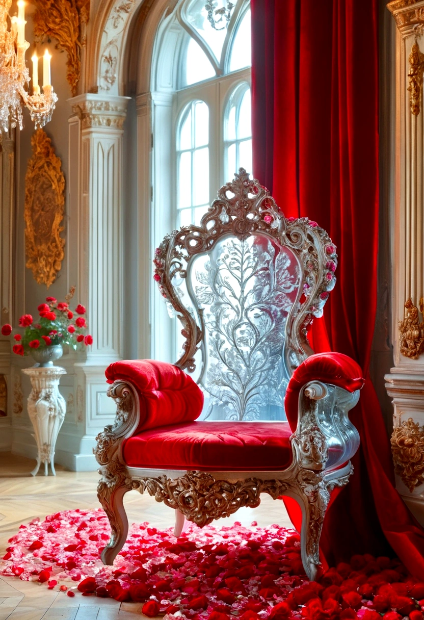 a majestic renaissance palace, a luxurious queen's throne chair, grand and spacious, french rococo style, red roses