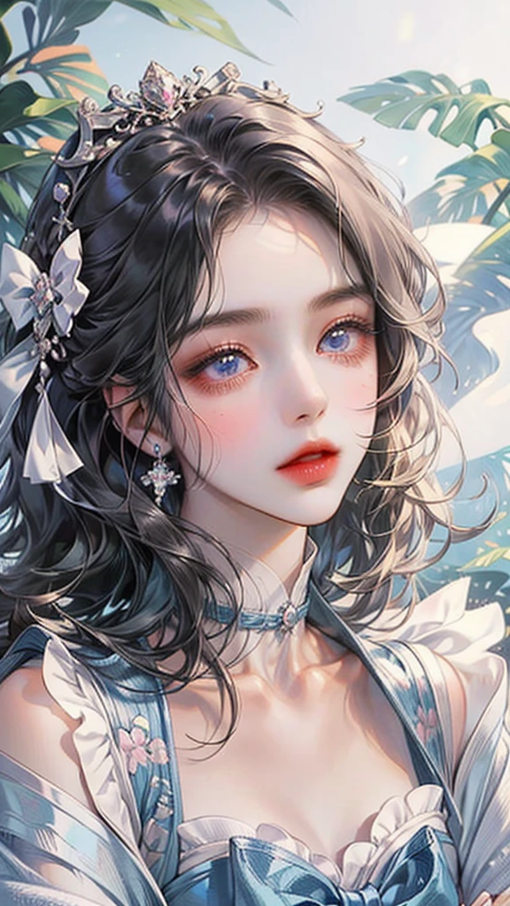 there is a picture of a girl with a blue bow on her head, artwork in the style of guweiz, guweiz, kawaii realistic portrait, guweiz masterpiece, soft anime illustration, beautiful anime portrait, soft portrait, detailed portrait of anime girl, stunning anime face portrait, anime barbie in white, portrait anime girl, wlop : : 5