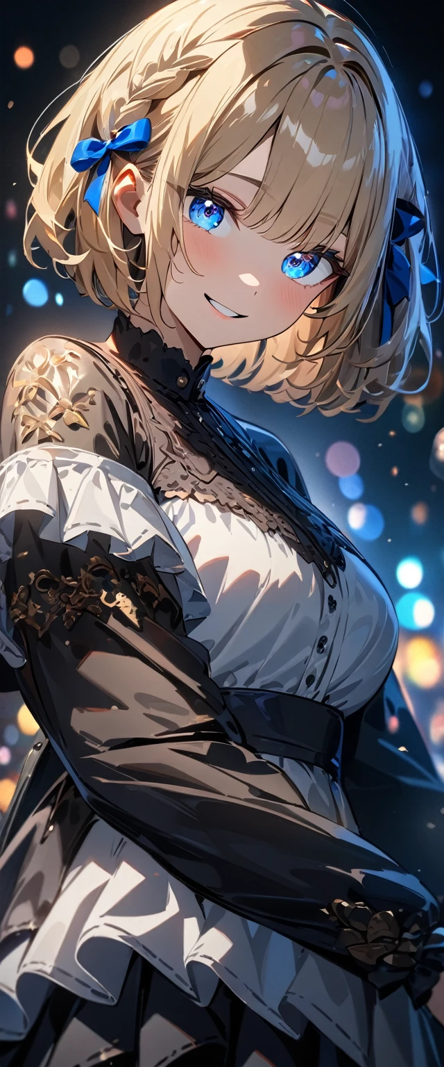 (((One girl))), Shibuya, blond hair, bob cut, (looking at viewer), breasts, ager, head tilt:1.3, (((blue eye))), constricted pupils, (from side:1.3), ((happy smile)), gothic loli.3, hair ornament, hair ribbon, anime style, (best quality, 4k, 8k, highres, masterpiece:1.2, ultra-detailed, ultra-detailed eyes, HDR, UHD, studio lighting, ultra-fine painting, sharp focus, physically-based rendering, extreme detail description, professional, vivid colors, bokeh)