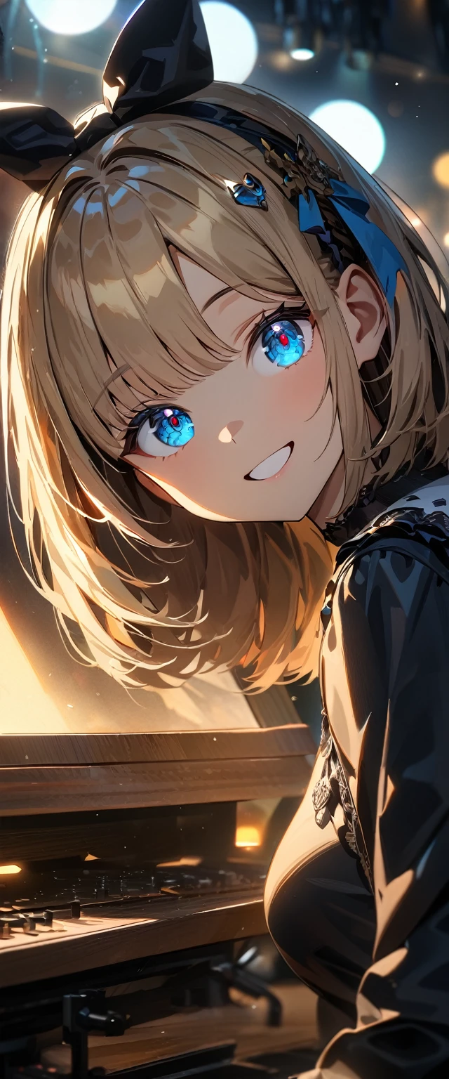 (((One girl))), Shibuya, blond hair, bob cut, (looking at viewer), full body, breasts, teenager, head tilt:1.3, (((blue eye))), constricted pupils, (from side:1.3), ((happy smile)), gothic lolita:1.3, hair ornament, hair ribbon, anime style, (best quality, 4k, 8k, highres, masterpiece:1.2, ultra-detailed, ultra-detailed eyes, HDR, UHD, studio lighting, ultra-fine painting, sharp focus, physically-based rendering, extreme detail description, professional, vivid colors, bokeh)