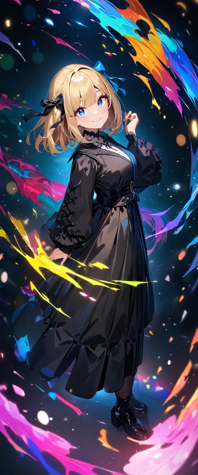 (((One girl))), Shibuya, blond hair, bob cut, (looking at viewer), full body, breasts, ager, head tilt:1.3, (((blue eye))), constricted pupils, (from side:1.3), ((happy smile)), gothic loli.3, hair ornament, hair ribbon, anime style, (best quality, 4k, 8k, highres, masterpiece:1.2, ultra-detailed, ultra-detailed eyes, HDR, UHD, studio lighting, ultra-fine painting, sharp focus, physically-based rendering, extreme detail description, professional, vivid colors, bokeh)