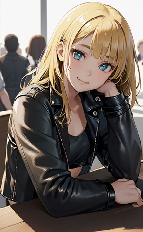 (masterpiece:1.5、Photorealistic:1.4,High Saturation:1.4、high resolution:1.4)、,(spot light:1.2、Exquisite beautiful eye:1.5,)、
(kind eyes、tareme:1.4),()、(Cute Face、Eyes in Love:1.4)、(blonde hair:1.5)、(middle hair:1.5),(sidelock :1.9),(blunt bangs:1.3),(1 girl)、(aqua eyes:1.2)、(upper body:1.5)、(fingersmile:1.5)),(sitting)、(head rest)、(head tilt) ,(),(medium breasts),(),(bra in a leather jacket,:1.5),(leather pants:1.3),(surrounded by a crowd:1.5)、()、()、Slim Body(),Shiny Hair、girl、zydG