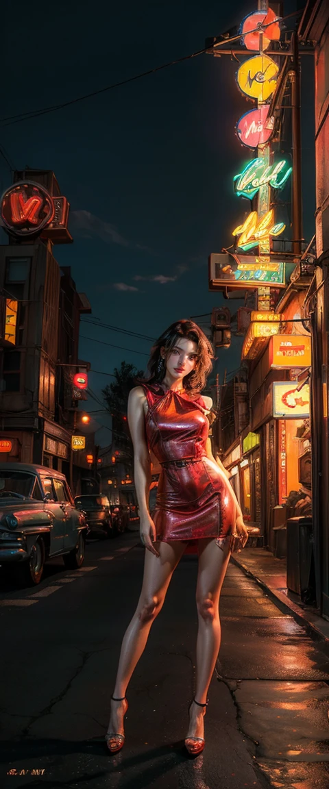 ((masterpiece, highest quality, Highest image quality, High resolution, photorealistic, Raw photo, 8K)), arafed view of a motel with a car parked in front of it, with neon signs, A woman waiting for a guest in front of a motel, seduction, short dress and high heels, route 6 6, neon signs, 1 9 5 0 s americana tourism, some have neon signs, neon lights outside, neon advertisements, gigantic neon signs, neon shops, by Arnie Swekel, few neon signs, neon signs in background,