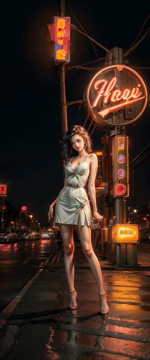 ((masterpiece, highest quality, Highest image quality, High resolution, photorealistic, Raw photo, 8K)), arafed view of a motel with a car parked in front of it, with neon signs, A woman waiting for a guest in front of a motel, seduction, short dress and high heels, route 6 6, neon signs, 1 9 5 0 s americana tourism, some have neon signs, neon lights outside, neon advertisements, gigantic neon signs, neon shops, by Arnie Swekel, few neon signs, neon signs in background,