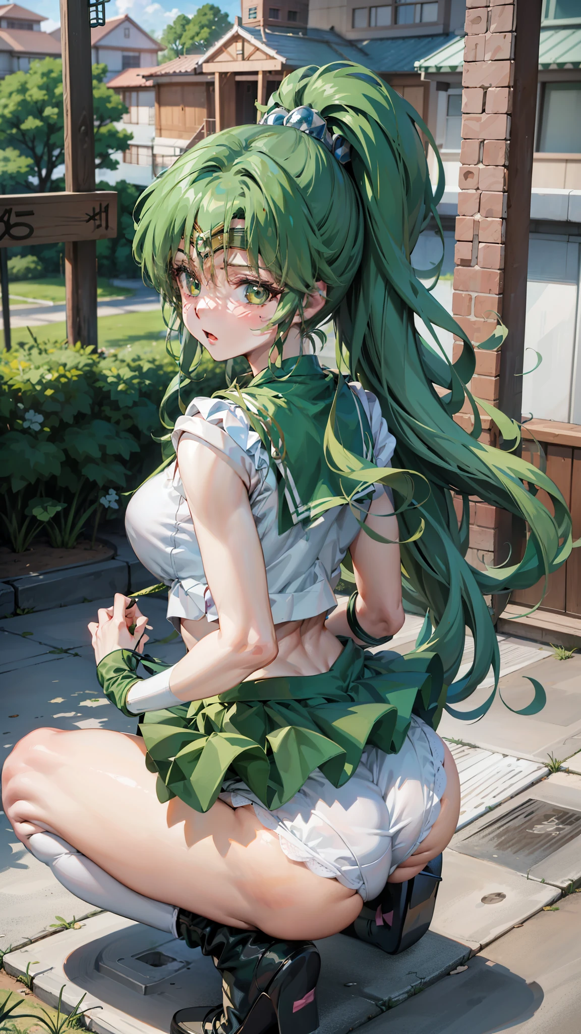 Anime Girlsセーラー戦士。White panties、Beautiful Faces、Beautiful thighs、 with green hair and green stockings posing on a bed, seductive Anime Girls, beautiful Anime Girls squatting, the Anime Girls is crouching, I also make fan art, Beautiful and attractive anime teen, Anime Girlss, Naughty anime style, Highly detailed art gems, Anime Girls, Anime Goddess, Anime Moe Art Style, anime waifu, Lit from behind, Highest quality, One Girl, (Sailor Neptune),Green Hair, (Green Eyes:1.2),((sporty))、((Bike Pants))、Hair length、((Embarrassed expression))、((Bedroom))、((Backward view))、((Butt))、((Thigh-high socks))