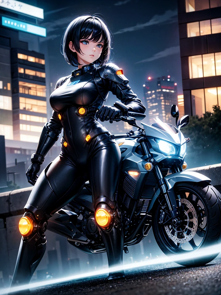 Highest quality,Highest Resolution,beautiful girl,Android,metallic,Mechanic,cyborg,Future city at night,Short black hair,whole body,Ride on a motorcycle-type machine,Move,
