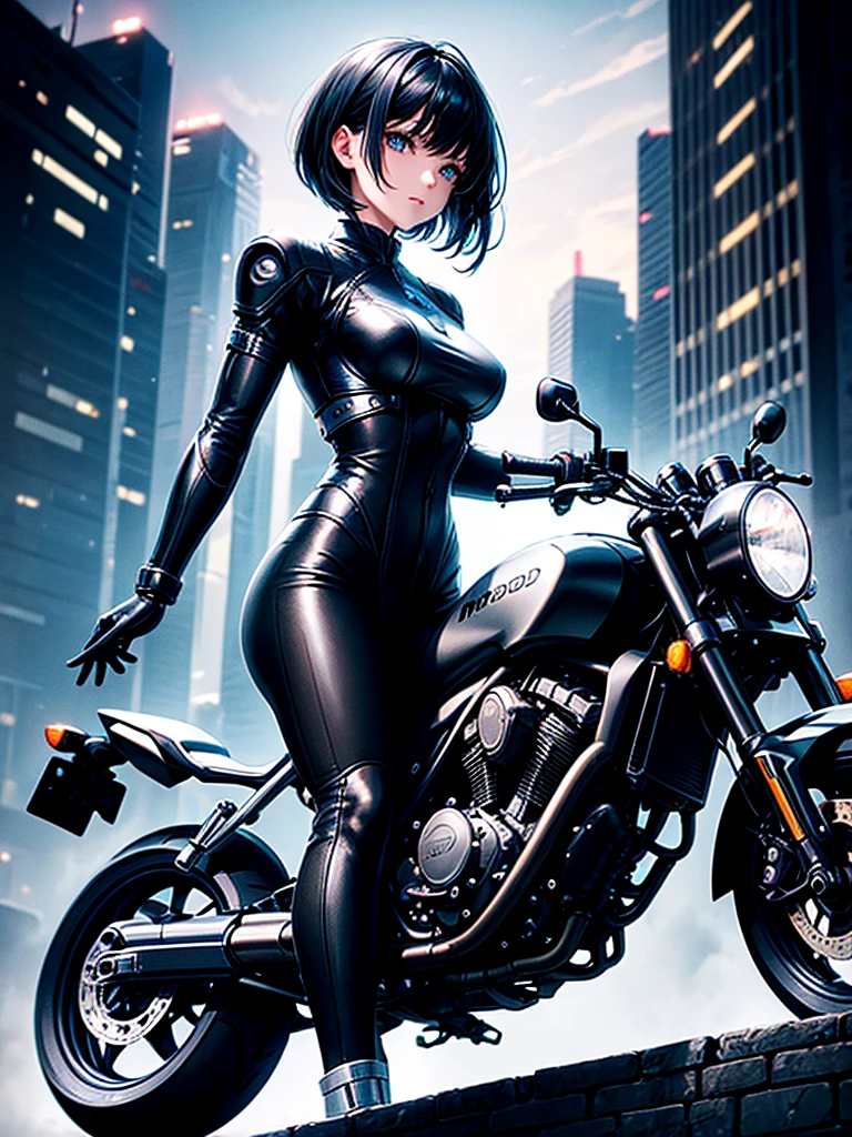 Highest quality,Highest Resolution,beautiful girl,Android,metallic,Mechanic,cyborg,Future city at night,Short black hair,whole body,Ride on a motorcycle-type machine,Move,
