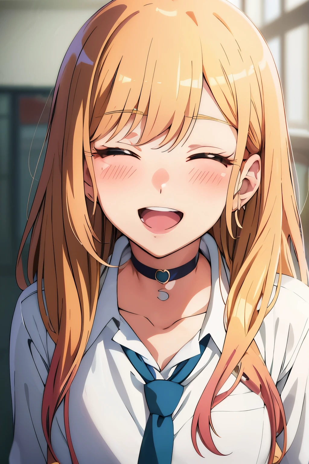 Anime girl with long blonde hair and blue tie in a white shirt, anime visual of a cute girl, blonde anime girl with long hair, cheerful grin,  bonita do anime high school, anime visual of a young woman, extremely cute anime face, anime best girl,  from the anime called Lucy, cunning smile, anime portrait of shiina ringo