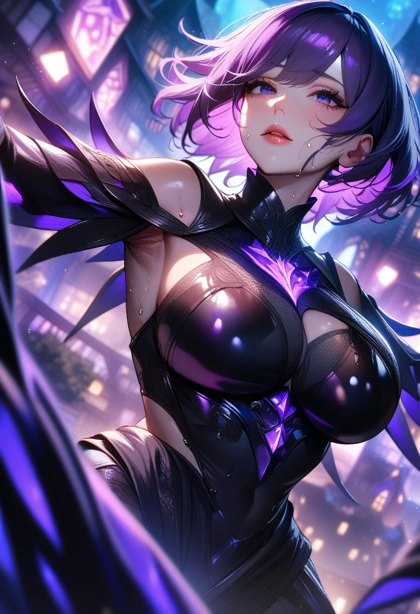 1girl,solo,super detailed skin,shiny skin,wet oily skin, natural face,eyelashes,lips gloss,purple hair,short hair,large breasts,unique and complex clothes ,dynamic angle,DonMM4g1cXL,night fantasy town,masterpiece,best quality,ultra detailed,high resolution,sharp focus,depth of field