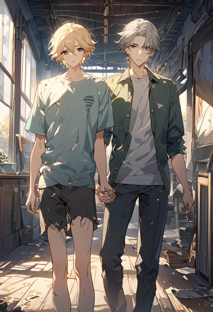 masterpiece, best quality, 8k ,4k, 2 boys, elf boys, long ears elf, twin elf, (one boy dark grayish hair with dark greenish eyes, torn and worn out clothes, thin body), (one boy light blond hair with dark bluish eyes, clean and neat clothes), stand side by side, holding hand, inspired by Asukaziye artist : ask, art style : ask