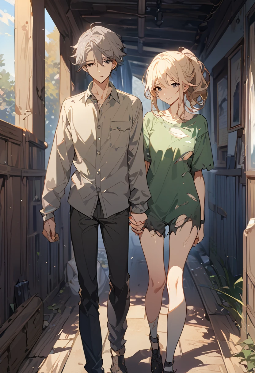 masterpiece, best quality, 8k ,4k, 2 boys, elf boys, long ears elf, twin elf, (one boy dark grayish hair with dark greenish eyes, torn and worn out clothes, thin body), (one boy light blond hair with dark bluish eyes, clean and neat clothes), stand side by side, holding hand, inspired by Asukaziye artist : ask, art style : ask