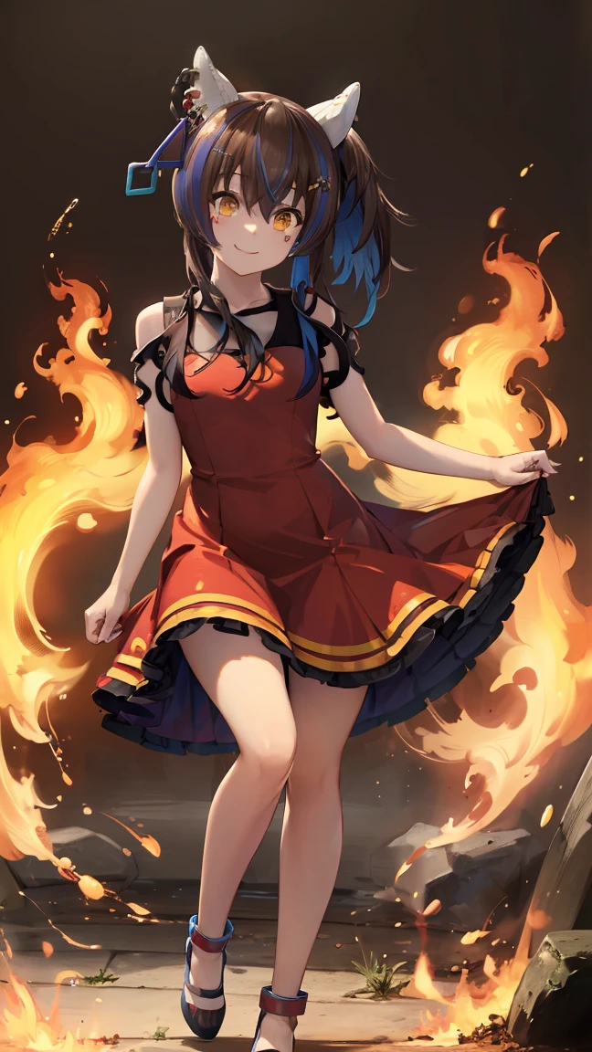 masterpiece, Highest quality, High resolution, Very detailed,(((Daitaku Helios))), (((Red dress))), (((smile))), Bare legs, Manipulating the flames。