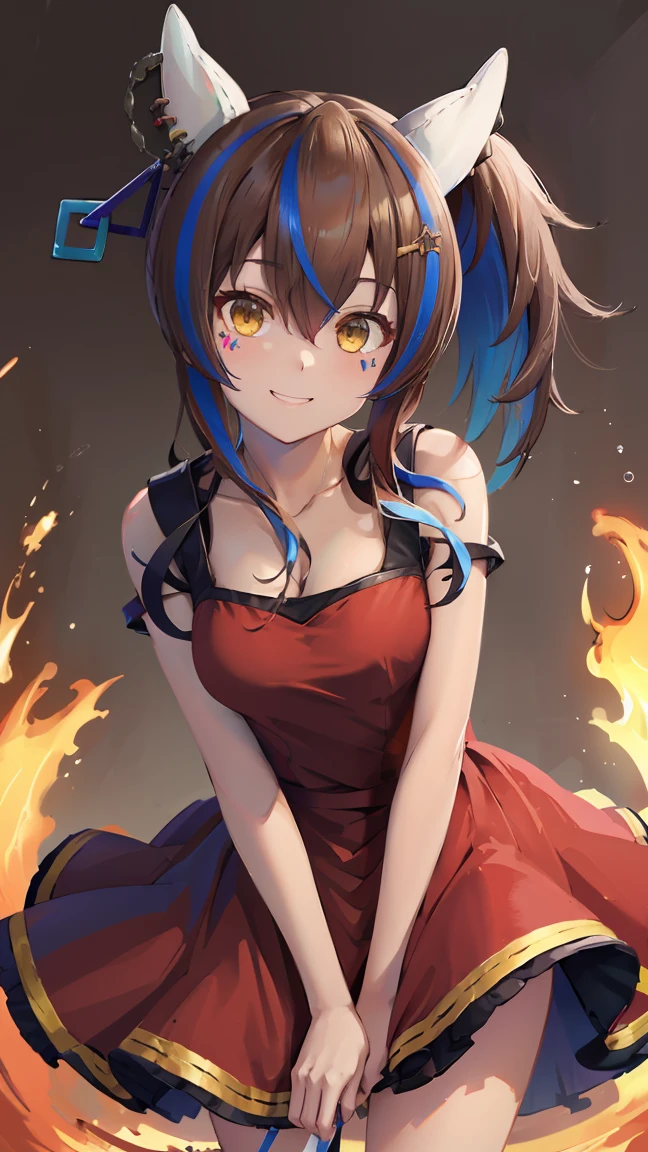 masterpiece, Highest quality, High resolution, Very detailed,(((Daitaku Helios))), (((Red dress))), (((smile))), Bare legs, Manipulating the flames。
