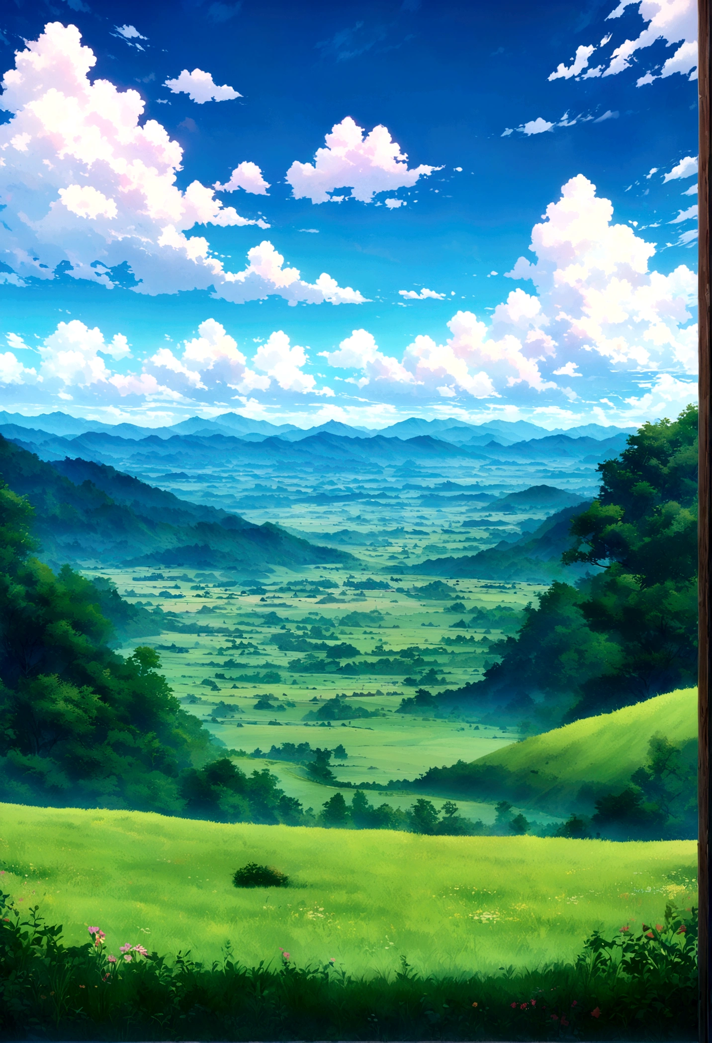 
japanese anime beautiful day grass sky with towering mountains in the distance,lush forests, An expansive open field below under blue cloudy skies,anime countryside landscape, anime landscape, anime landscape wallpaper,beautiful anime scenery,anime movie background, anime nature,colorful anime scenery, beautiful landscape background,anime countryside landscape, anime art wallpaper 8 K beautiful anime scene,4 K highly detailed