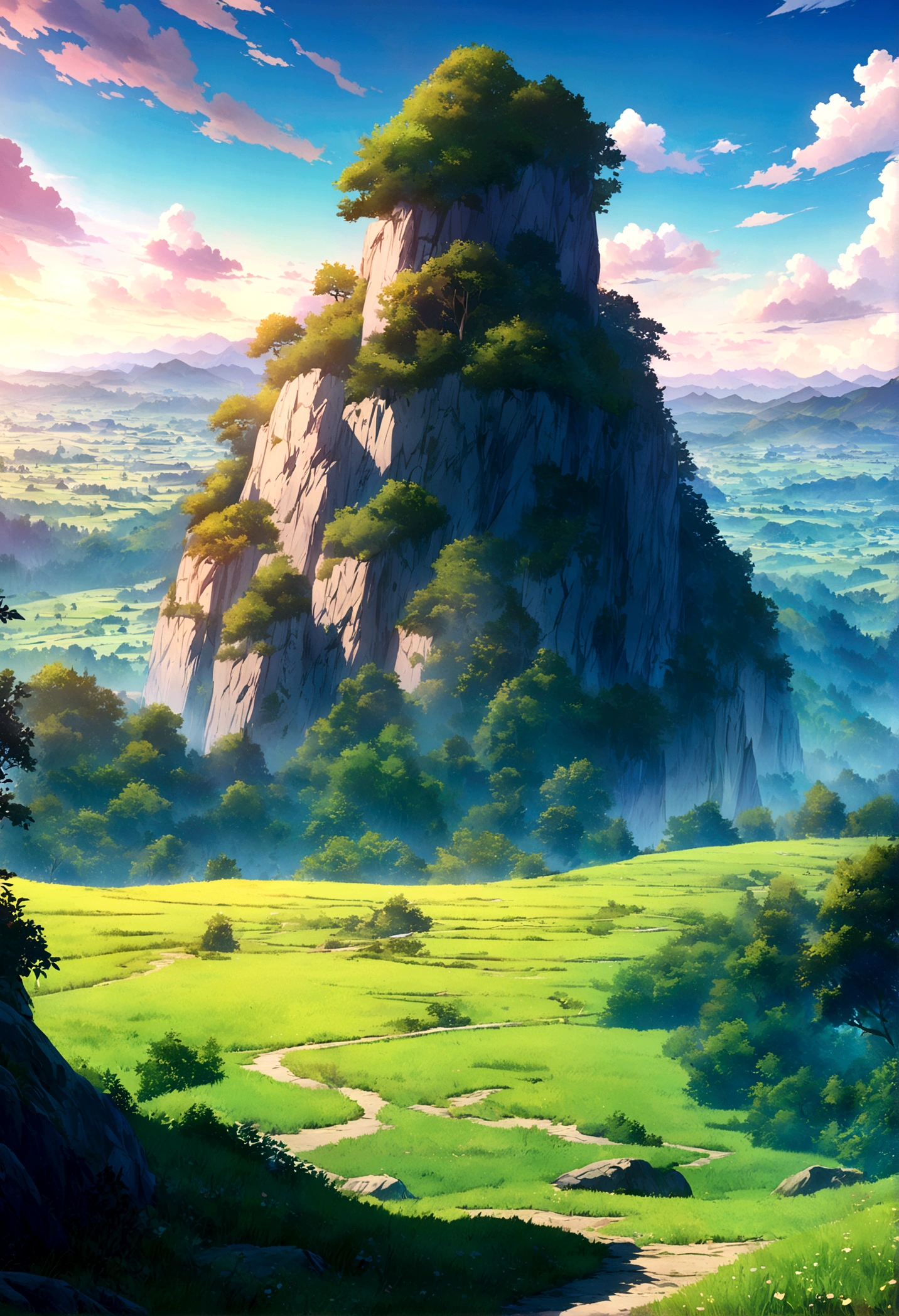 
japanese anime beautiful day grass sky with towering mountains in the distance,lush forests, An expansive open field below under blue cloudy skies,anime countryside landscape, anime landscape, anime landscape wallpaper,beautiful anime scenery,anime movie background, anime nature,colorful anime scenery, beautiful landscape background,anime countryside landscape, anime art wallpaper 8 K beautiful anime scene,4 K highly detailed