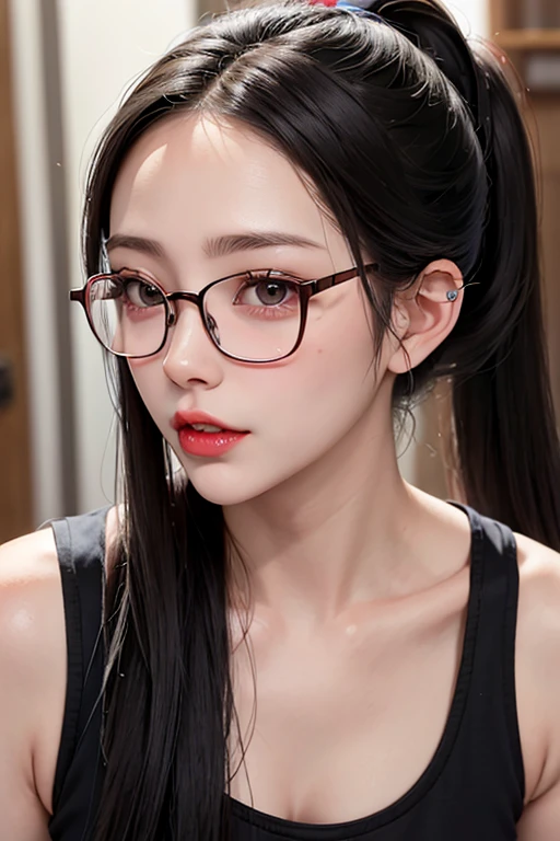 Japanese women、Glasses、Double teeth、lipstick、Forehead、happy、ponytail、Front teeth、Wide forehead、Big Breasts、Tank top,narrow eyes