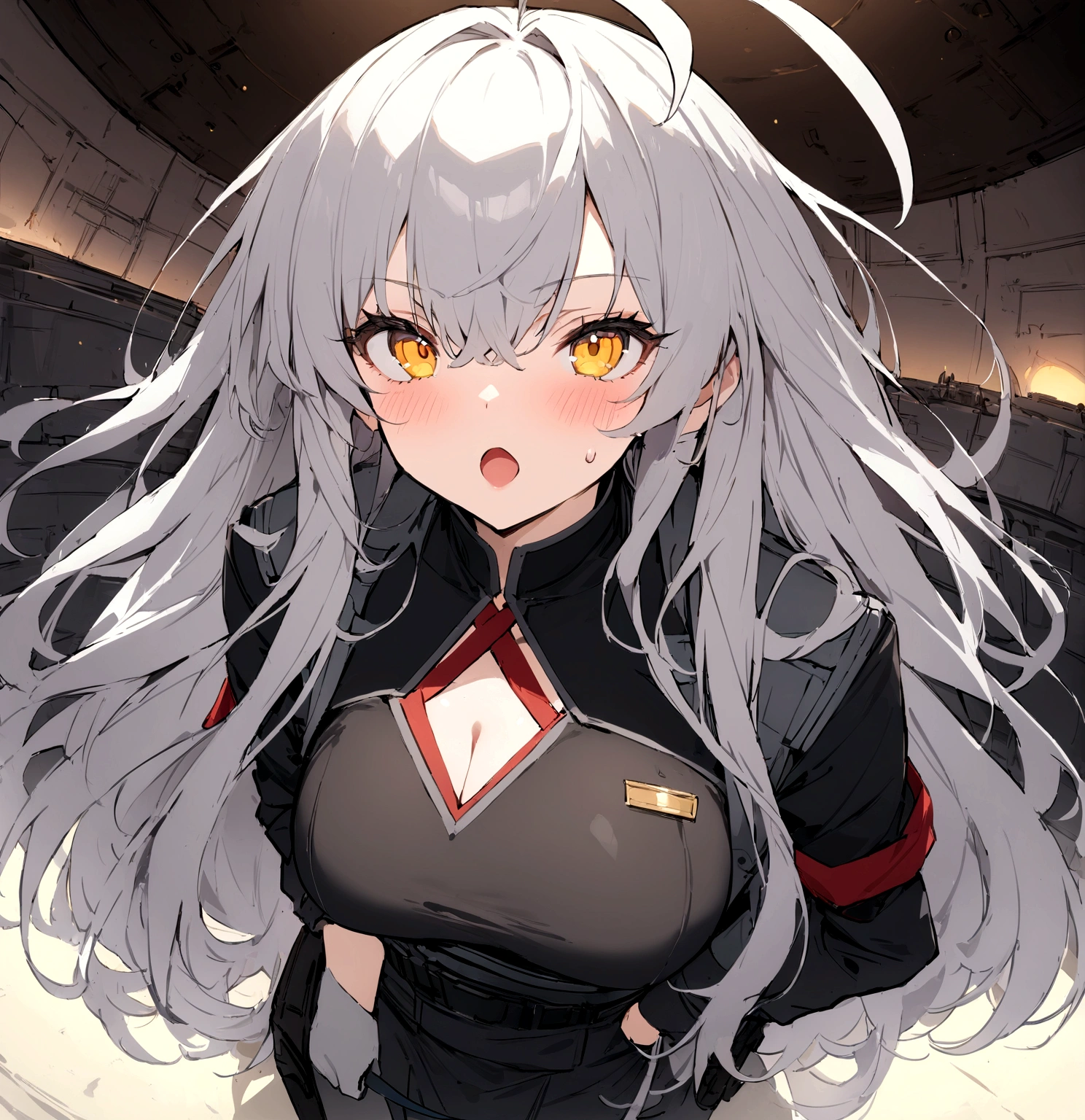 (masterpiece, best quality:1.2),Expressionless、 1girl, 独奏,Black military uniform、Grey long hair、Ahoge、Yellow Eyes、Ready your gun?、sniper rifle、Background of military bases、Fisheye Lens(masterpiece, best quality:1.2),Expressionless、 1girl, 独奏,Black military uniform、Grey long hair、Ahoge、Yellow Eyes、Ready your gun?、sniper rifle、Background of military bases、Fisheye Lens